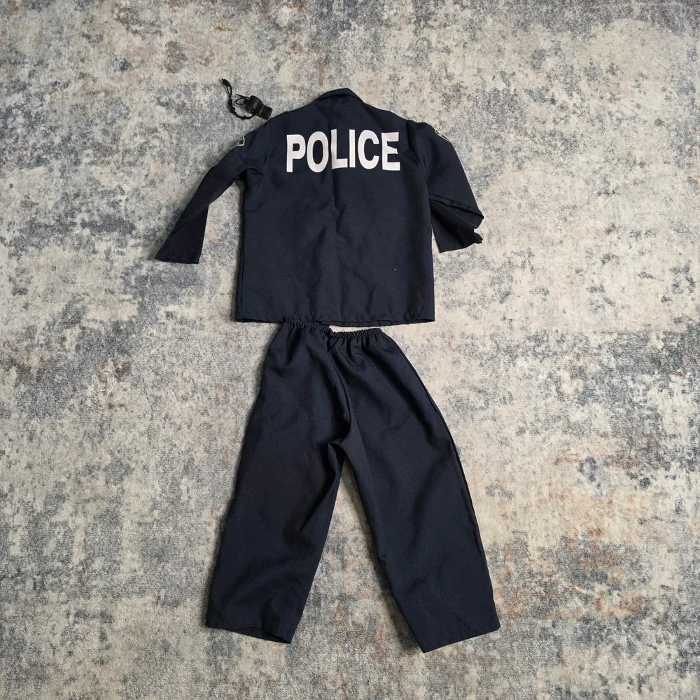 Spirit Halloween Costume Kids 3T-4T Navy Police Officer Shirt Pants Whistle Set